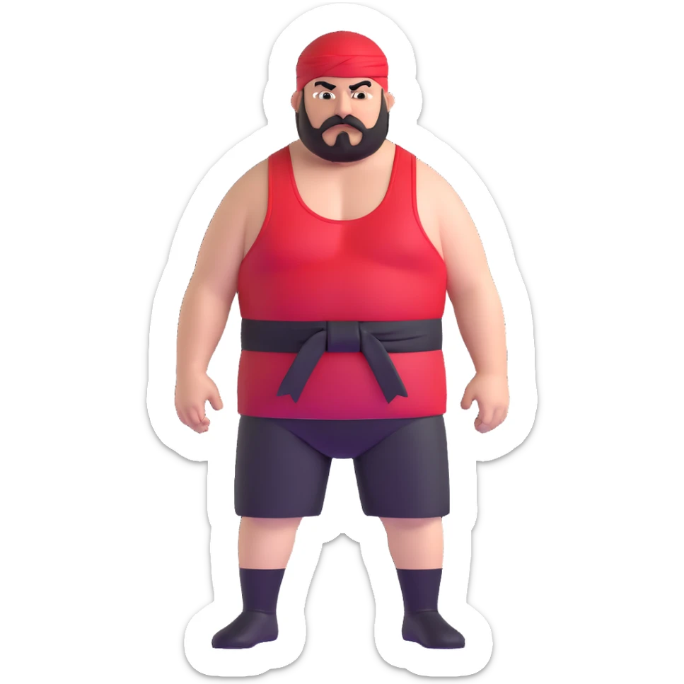 Close-up of very fat white skin guy with young face, beard and mustache, no muscle with prominent black durag, black eyes in a red and black wrestling singlet with angry face sticker