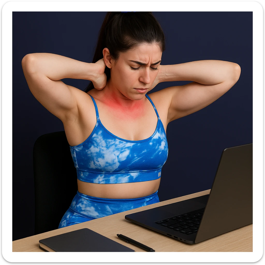 A slender woman in 4K, sitting at a desk, massaging the base of the neck with both hands, cervical and nape area reddened, tense posture, inspired by the reference photo. sticker