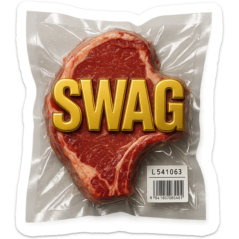steak with gold block letters 'SWAG', shiny and inflated, vacuum-sealed style sticker