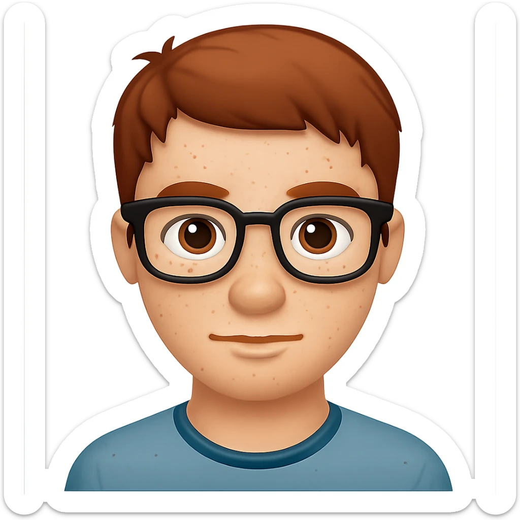 Add glasses to the freckled man with short hair in emoji style, no background. sticker