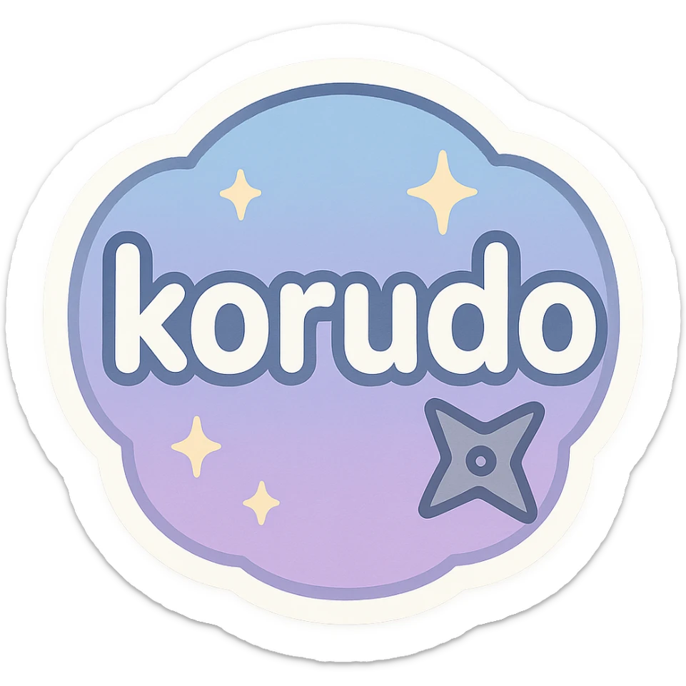 badge with the word 'korudo' in the center, chibi anime-inspired style, playful and cute, rounded shape, soft blue and purple gradient background, bold easy-to-read text, subtle sparkles, small ninja star accent sticker