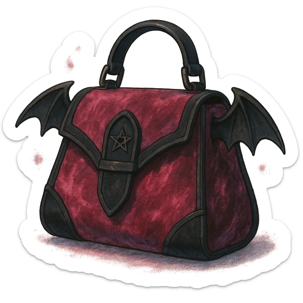 Pink and black gothic purse in Ghibli style, bat wing accents, velvet texture, magical aura, no background sticker