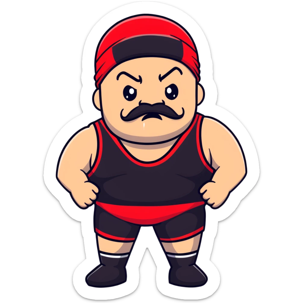 Close-up of very fat white skin guy with young face, beard and mustache, no muscle with prominent black durag, black eyes in a red and black wrestling singlet with angry face sticker