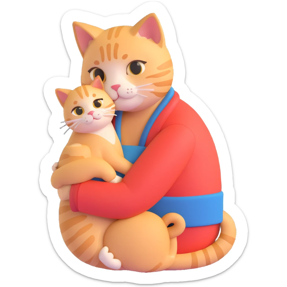 Show only one cat in the grandmother's arms, 3d emoji style, with no background (transparent) sticker
