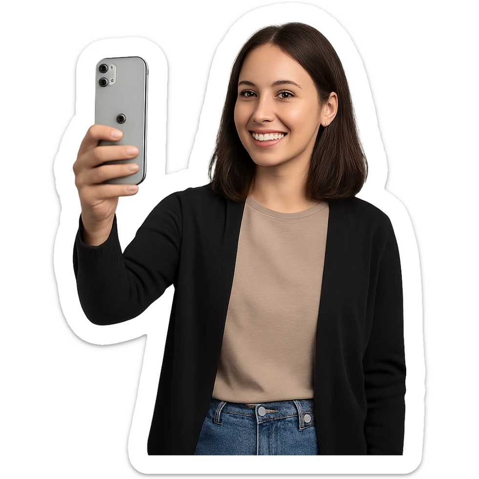 a woman taking a picture with an iPhone, clear view of the phone, casual pose, modern clothing, friendly expression sticker
