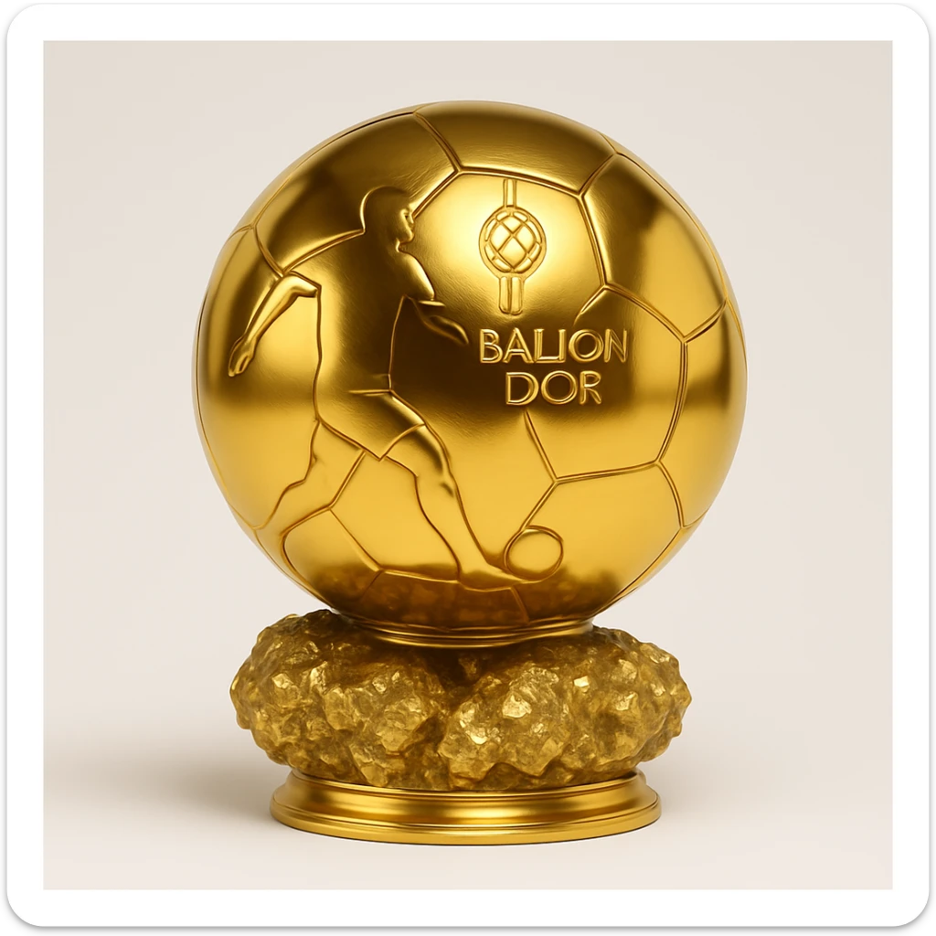 Add a footballer silhouette to the Ballon d'Or trophy, maintaining a realistic gold style that is elegant and shiny, on a white background. sticker