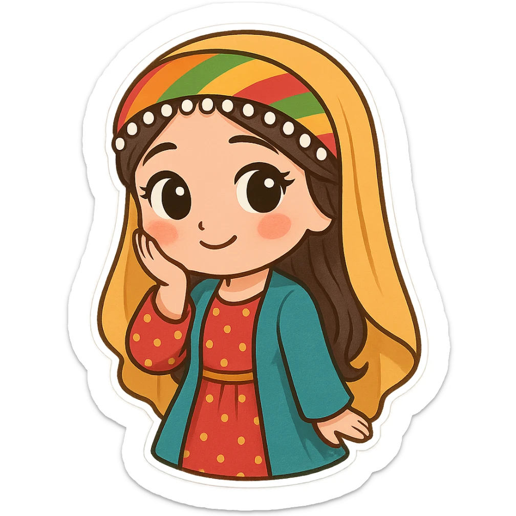 cartoon sticker of a Kurdish woman in traditional female clothing, hand on cheek (shy) pose, gentle smile, colorful and cheerful, no text, suitable for WhatsApp and Instagram sticker