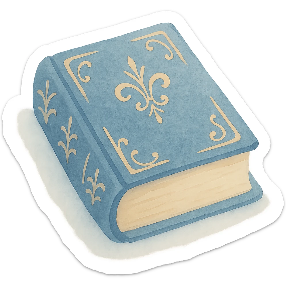 An open antique book in sapphire blue with intricate gold filigree, depicted in a dreamy painterly watercolor style with visible brushstrokes, on a transparent background. sticker