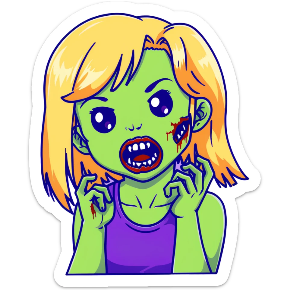 Zombie girl with green skin, purple bruises, gaping mouth, blonde long hair with bangs sticker