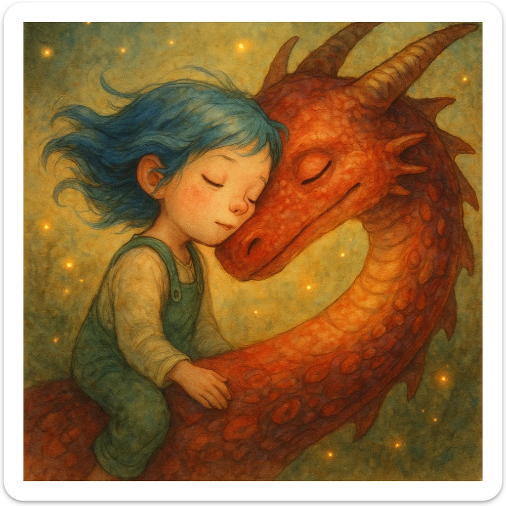 A dreamy, ethereal illustration of a young girl peacefully sleeping on the long, curved neck of a red dragon, cheek to cheek. Her blue hair flows gently as if caught in a soft breeze, and she wears delicate green overalls. The dragon’s skin has intricate, painterly textures, glowing subtly under the warm, golden light. Tiny fireflies and soft, ambient light enhance the magical atmosphere. Highly detailed, whimsical, children's book illustration style, with soft yet rich colors, gentle lighting, and a fantasy storytelling feel. Watercolor-like textures, hand-painted aesthetics, cinematic composition. sticker