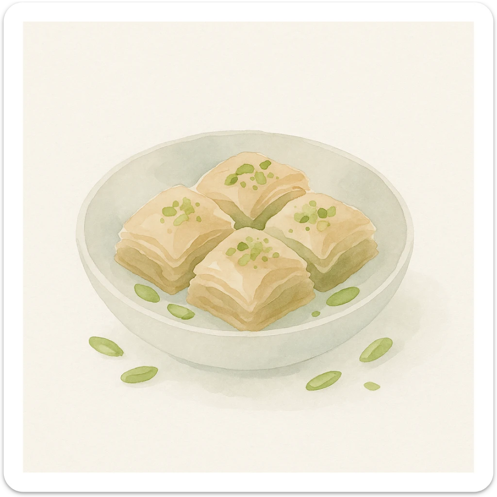 a bowl of Turkish baklava with pistachios, watercolor art style sticker