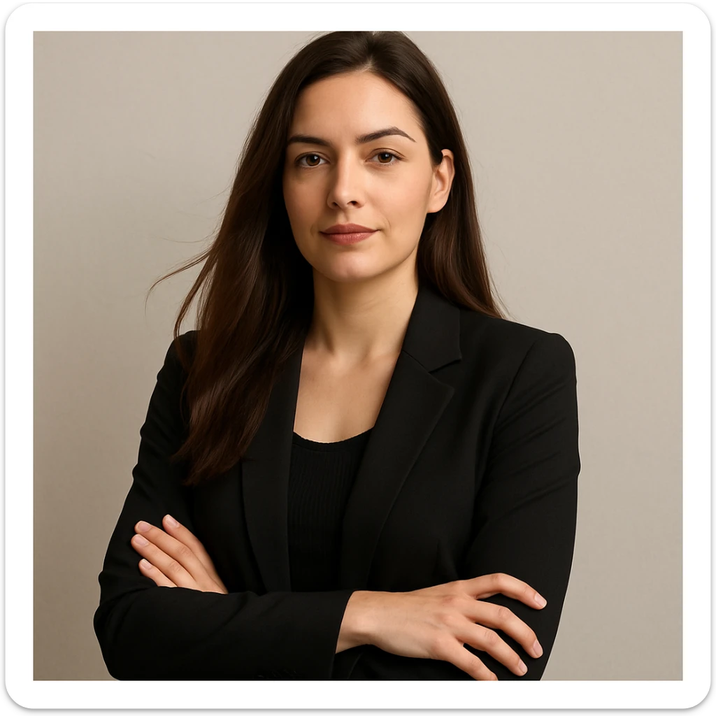 selbstbewusste Frau mit langen braunen Haaren, neutraler Hintergrund, Oberkörper, moderne Kleidung sticker