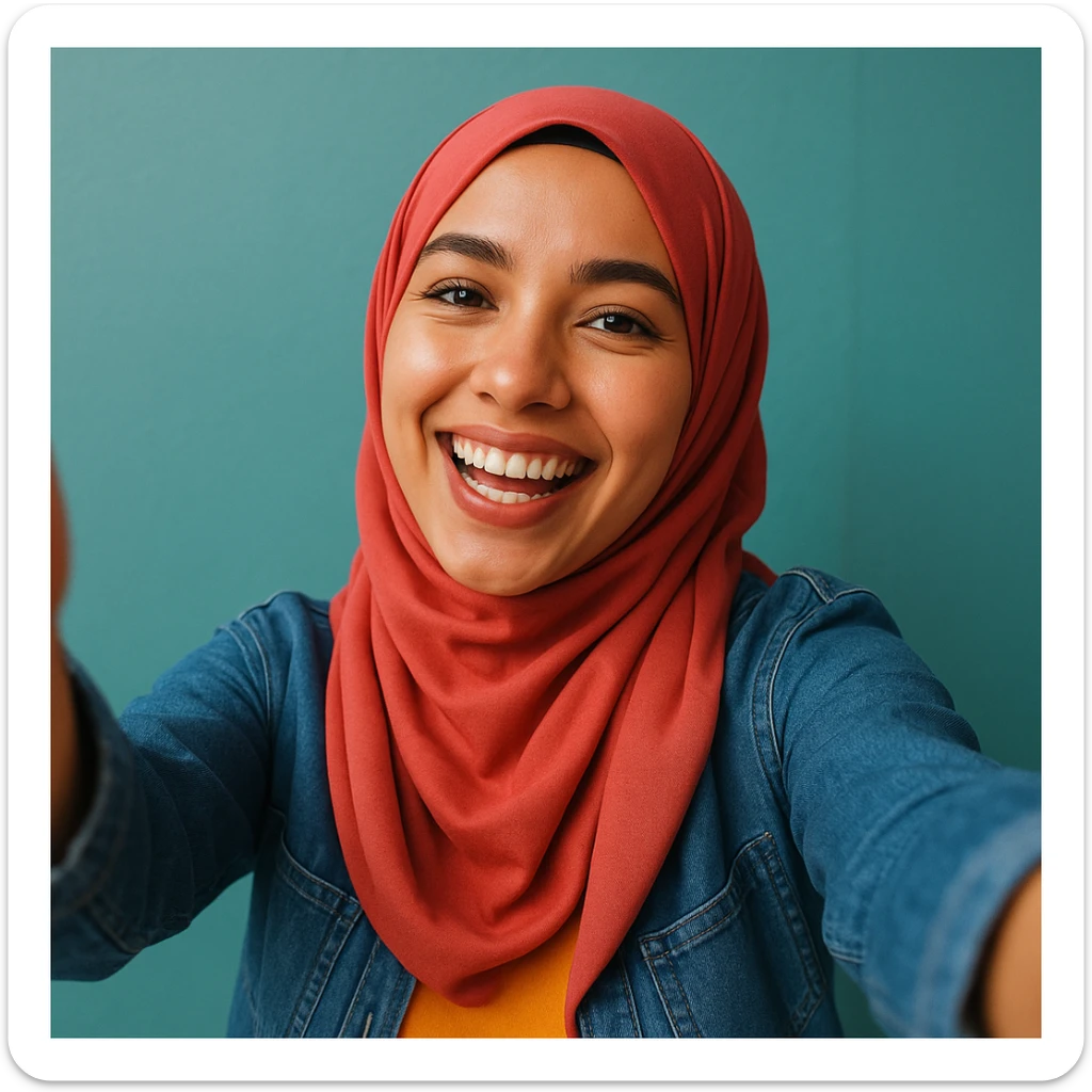 hijabi woman taking a selfie, smiling, modern style, clear facial features, vibrant colors, joyful mood sticker