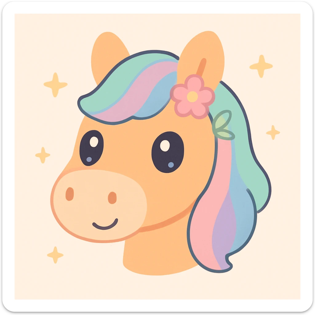 cute forest horse head, big eyes, pastel colors, simple shapes, nature details sticker
