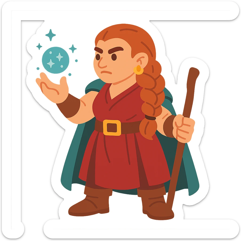 flat toon style female dwarf sorcerer from DnD, magical energy in hand sticker