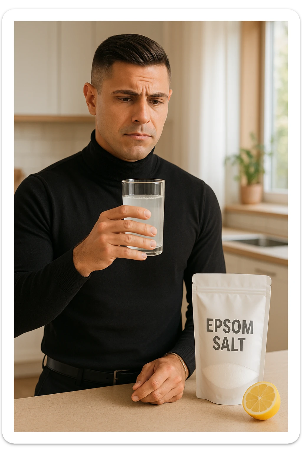 A realistic, bright photo-style image of a young man in his 30s standing in his kitchen, holding a clear glass filled with water in which Epsom salt (magnesium sulfate) has been dissolved. He looks focused but slightly uncertain as he prepares to drink it for a liver flush or digestive cleanse. The glass shows slight cloudiness from the dissolved salt. On the counter are a packet labeled 'Epsom Salt' and a sliced lemon, suggesting he might use it to mask the taste. The setting is clean, natural, and bright with neutral tones. The background shows sunlight streaming through a window, emphasizing a clean, minimalist health-focused environment. The mood conveys a realistic, calm moment of self-care with a hint of discomfort, illustrating a natural detox practice sticker