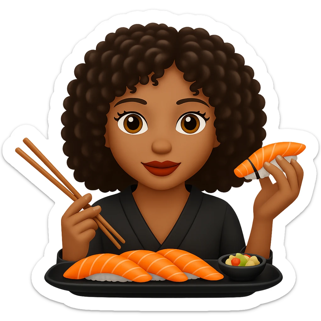 Edit the image of a girl eating sushi to have curly hair. Keep the same style as the original image. Remove the background. sticker