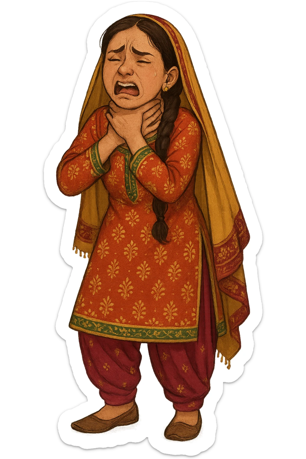 A girl in traditional desi attire, appearing to choke herself by gripping her own neck, expressive, detailed clothing, vibrant colors, full body, no background sticker