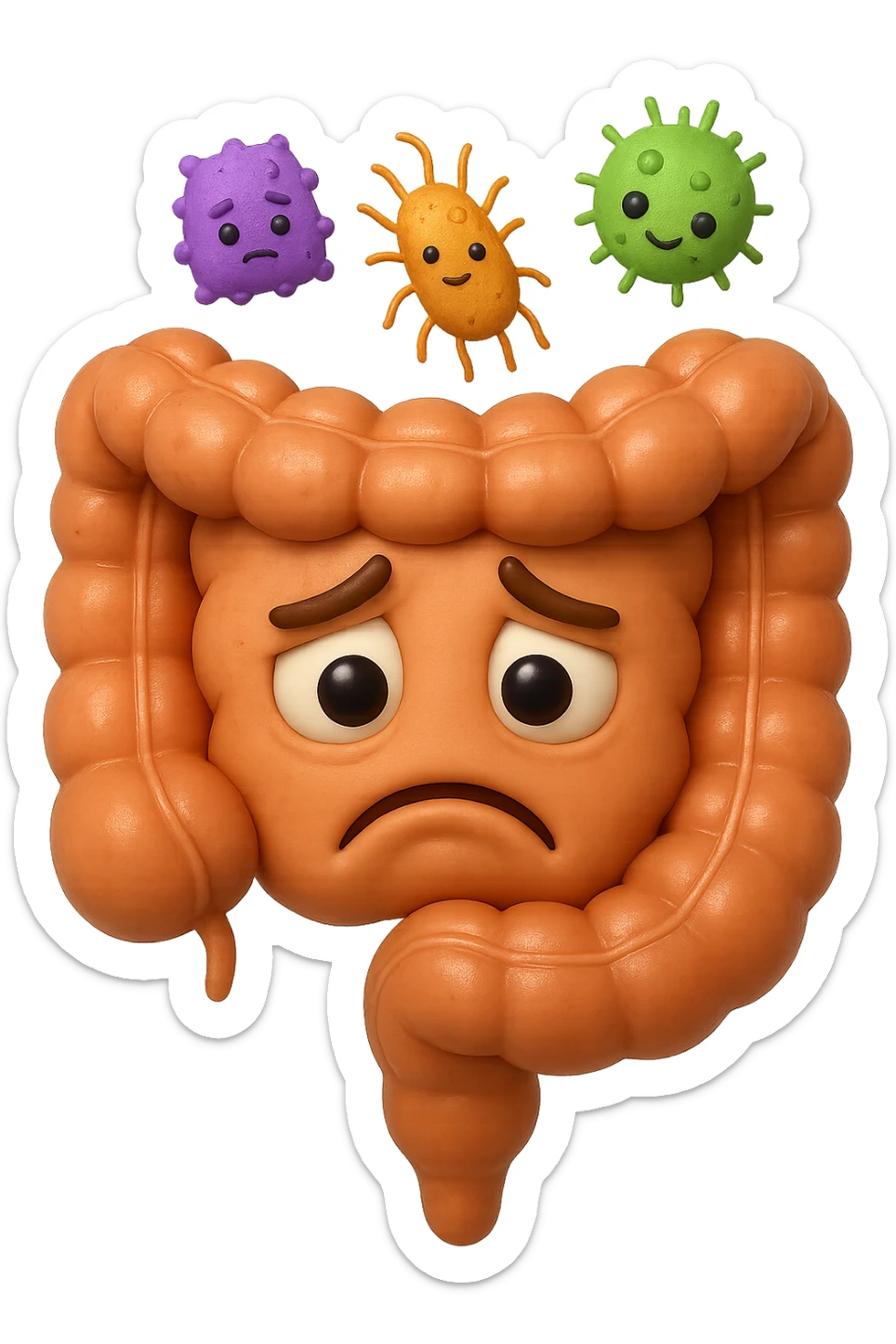 EMOJI STILE IPHONE 3D DI INTESTINO 3D CON ESPRESSIONE TRISTE  IN VOLTO MENTRE SOPRA LUI FLUTTUANO BATTERI, FAGLI ANCHE LA PARTE BIANCA DEGLI OCCHI, NON SOLO LA PUPILLA sticker