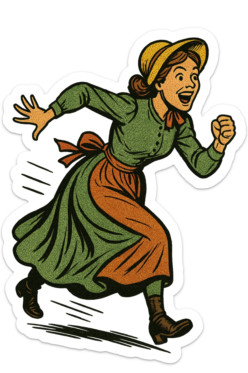 The full body of A female 1860s American settler in the American West looking excited and about to start a race sticker