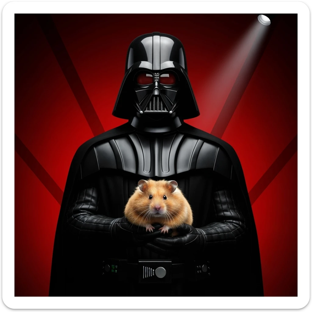 Extreme Closeup Photo of a darth vader holding big hamster, low key light, red solid background with leading lines, back light, spot light sticker