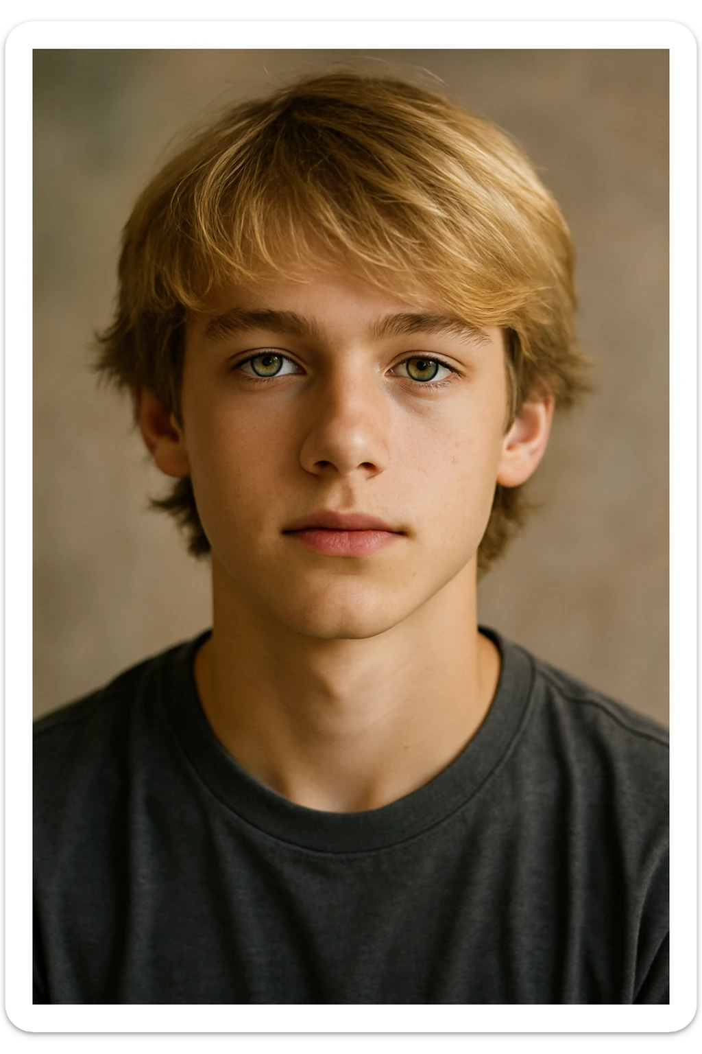 retrato realista de un chico adolescente, cabello rubio, ojos verdes, fondo suave sticker