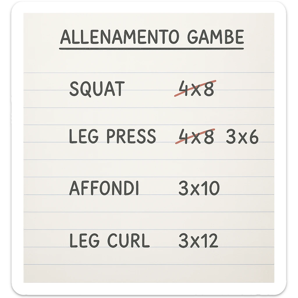 foglio di carta con scheda di allenamento gambe in italiano con volume di allenamento ridotto (fai alcuni esercizi con 4x8 scritti in precedenza sbarrati in rosso e la correzione accanto tipo 3x6), scrivila al meglio che puoi sticker