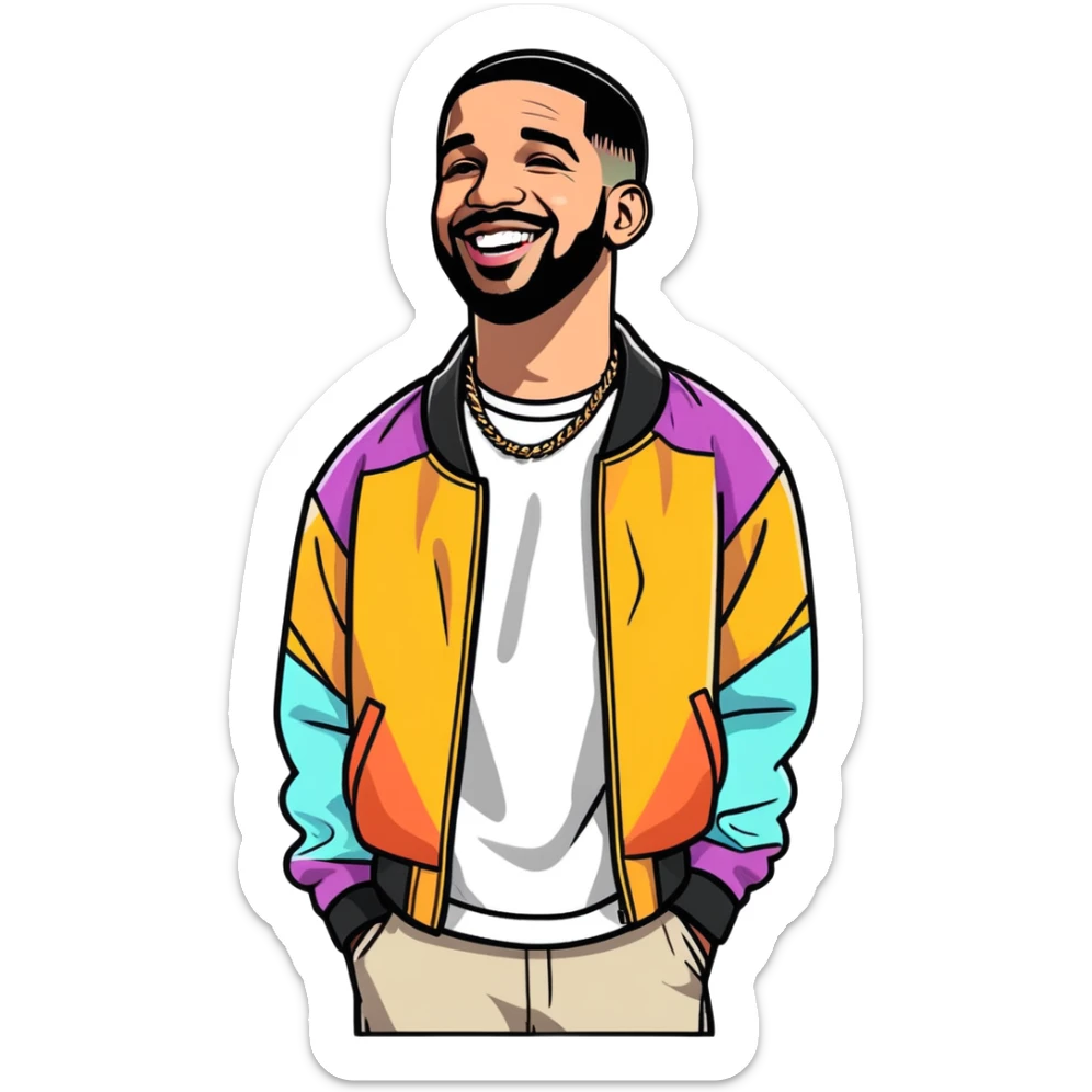 Toronto celebrity, musician, rapper drake 2025 illustration, sticker design. must be ultra hyperrealistic, mirco-detailed, flat layout. Colorful, happy features. Full view. Life-like.
 Must be 8k hd, 8000x8000px resolution. Must use very thin transparent smooth lines, around the illustration  sticker
