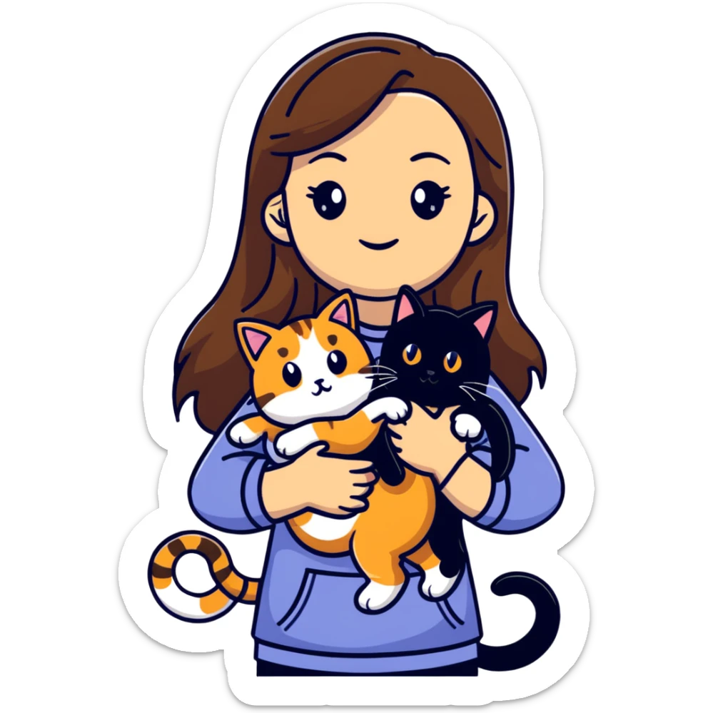 tan girl with long brown hair holding two cats, one black cat and one grey-striped cat sticker