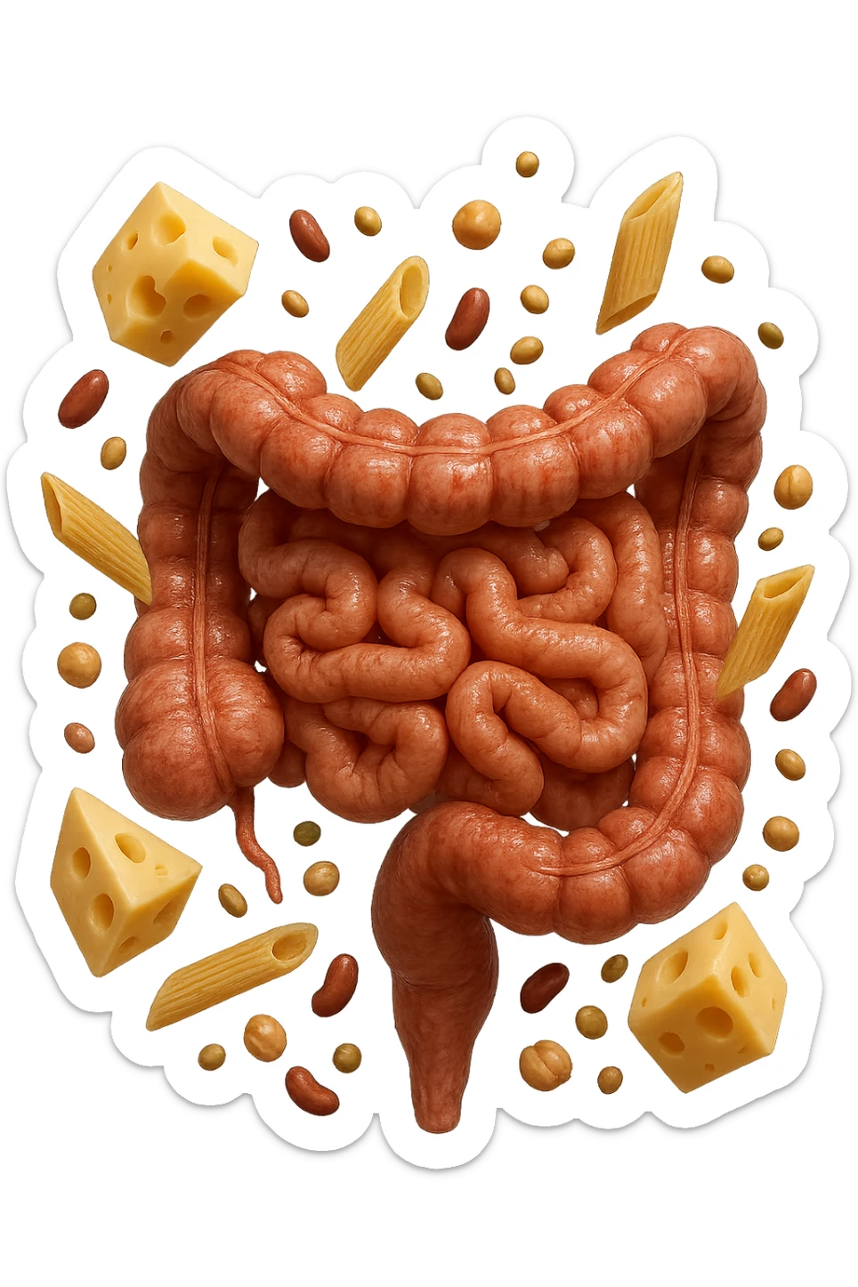PEZZETTI DI EMMENTAL, PENNE DI PASTA RIGATE E LEGUMI FLUTTUANO INTORNO AD UN INTESTINO UMANO ANATOMICO REALISTICO, iperrealistico 4k sticker