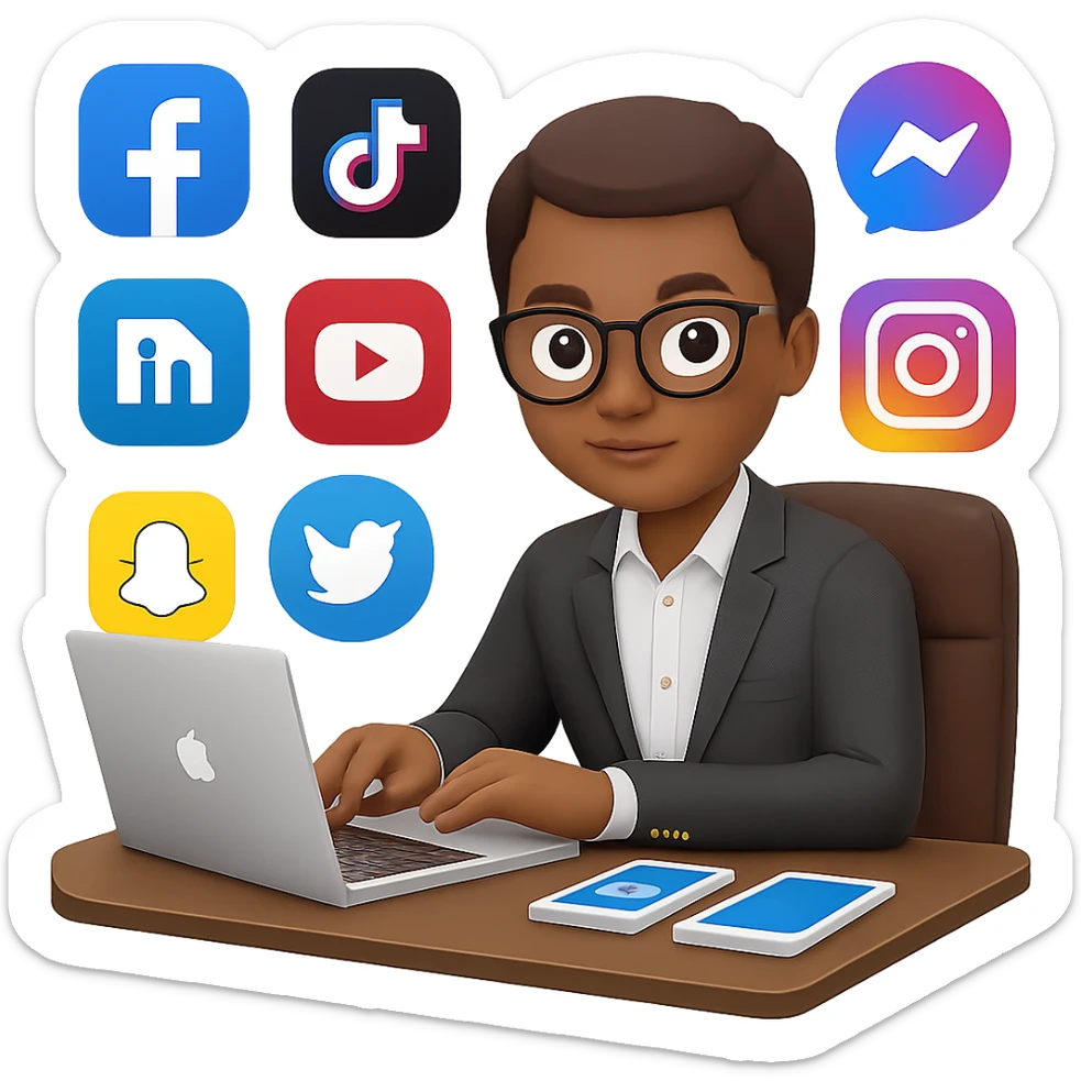 Add more social media icons around the person at a desk with laptop in the style of apple emojis, with no background. sticker