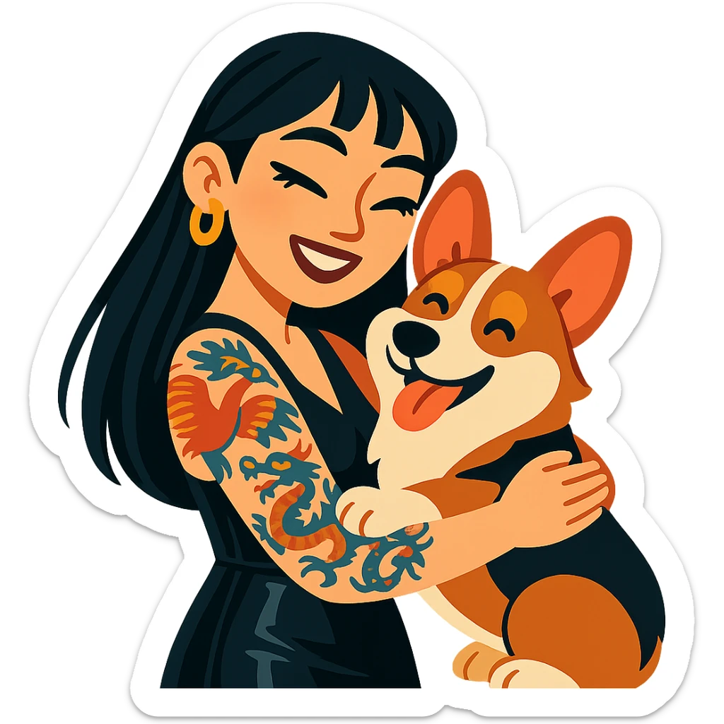 Asian girl with long hair and wispy bangs, black leather dress, gold earrings, subtle false lashes, 3/4 sleeve tattoo with phoenix and dragon on left arm, hugging joyful red head tri-color corgi sticker