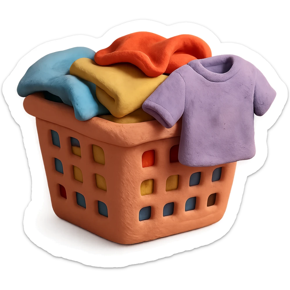 laundry basket with towels and shirts peeking out, pastel colors, claymation style sticker