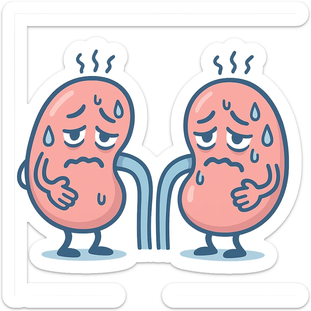 cartoon kidneys with stress lines and sweat, holding their sides, tired eyes, soft blue and pink tones, medical style sticker