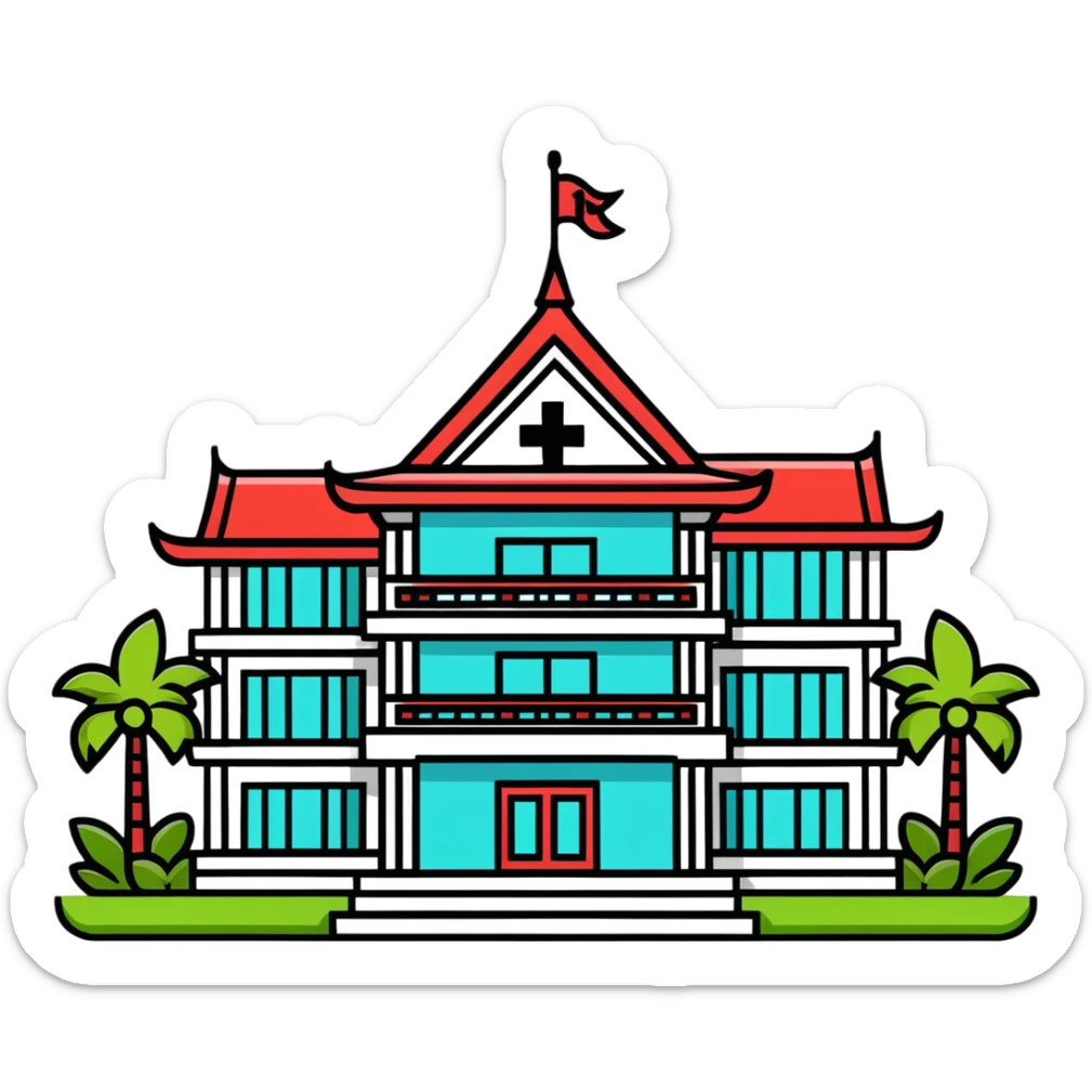 Modern Thai hospital building with traditional Thai roof elements, medical cross symbol, palm trees sticker
