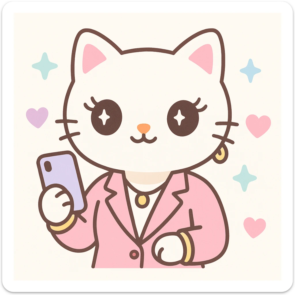 stylish corporate cat with long eyelashes, pink blazer, gold jewelry, holding a phone, surrounded by hearts and stars, Hello Kitty inspired, kawaii style sticker