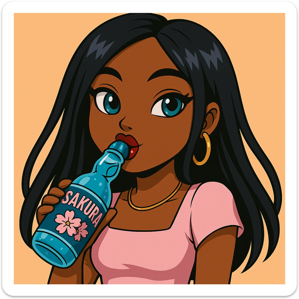 Add the word 'Sakura' to the blue Ramune soda bottle label. Headshot only of a 20-year-old anime Bratz style woman with dark skin, straight hair, trendy outfit, big expressive eyes, glossy lips, no hat, no tears, happy expression, both eyes open, looking straight ahead, drinking blue Ramune soda from the classic glass bottle. sticker