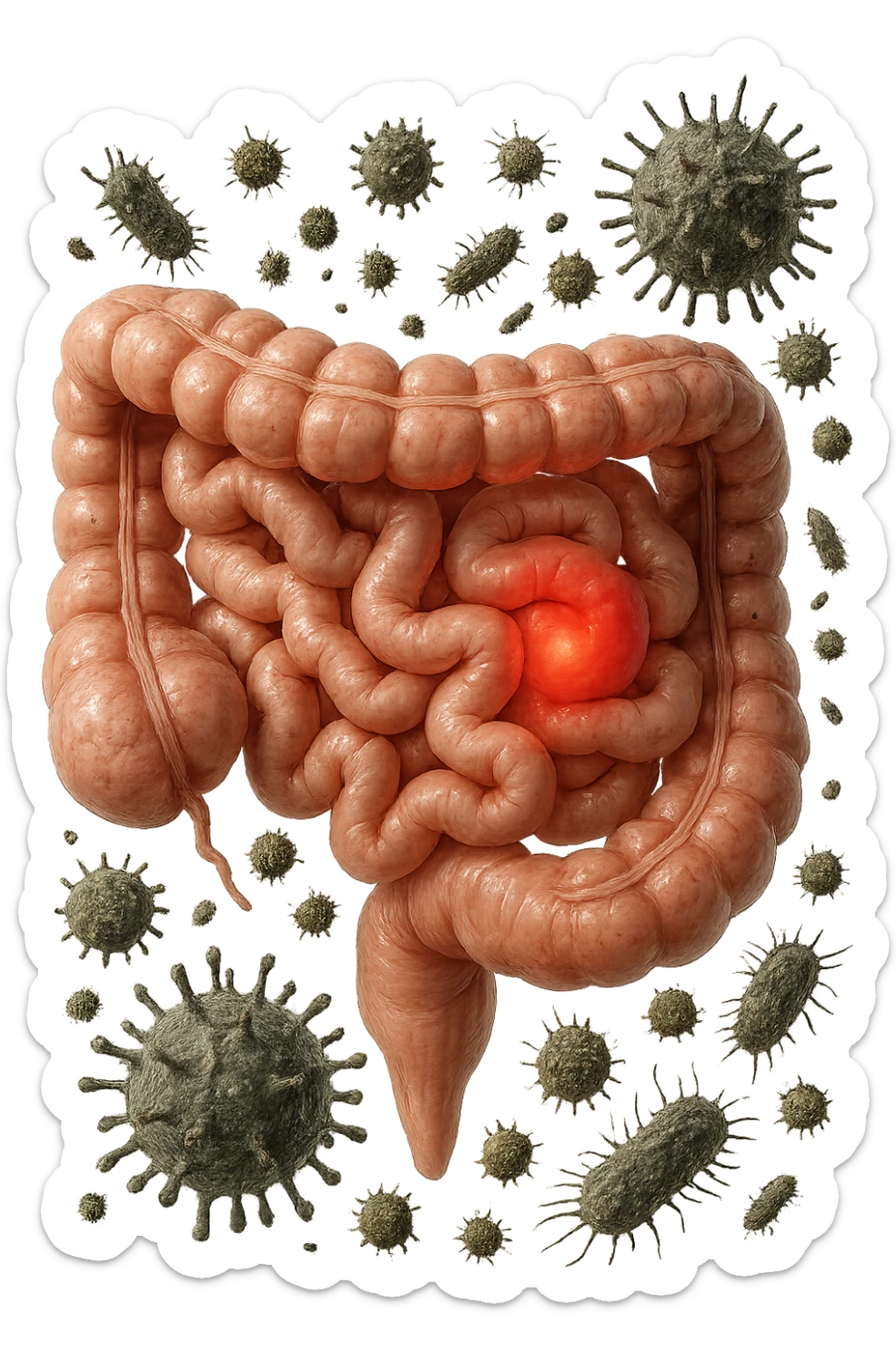intestino anatomico realistico con red spot di infiammazione CON VARIE PARTICELLE TOSSICHE CHE CERCANO DI ATTACCARLO, IPERREALISTICO 4K sticker