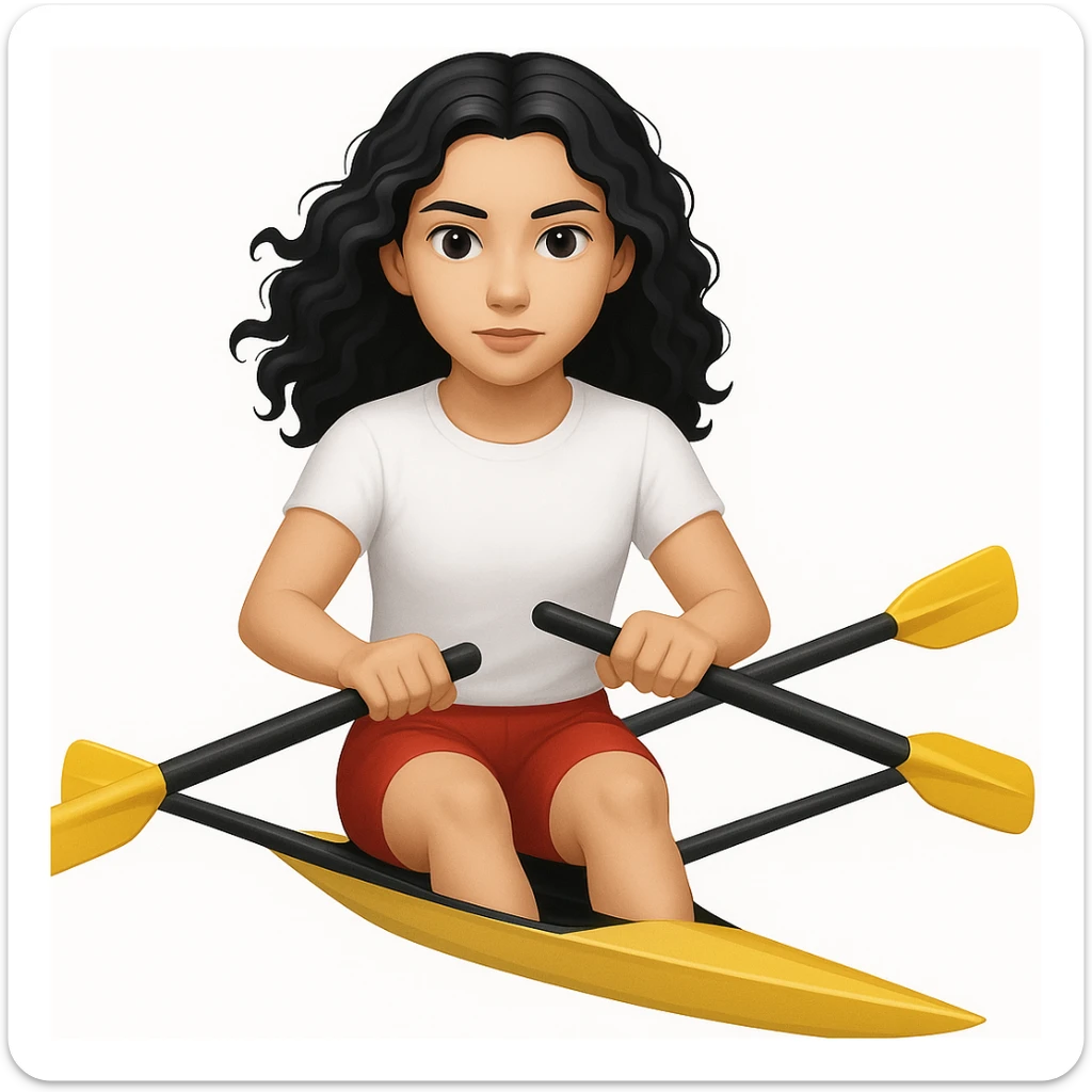 Altındaki tekneyi olimpik kürek sporu için uygun, uzun ve ince yarış teknesi olarak değiştir. Kız siyah uzun dalgalı saçlı, beyaz tenli, kırmızı şort ve beyaz kısa kollu tişörtle olimpik kürek sporu yapıyor sticker