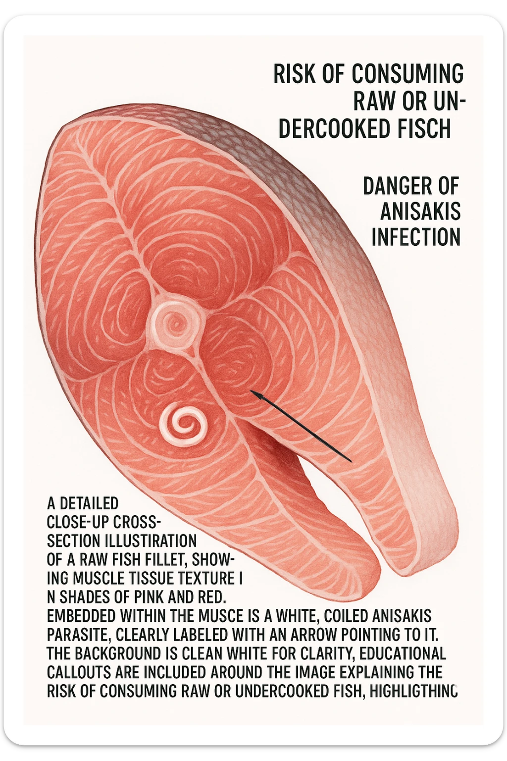 a close-up cross-section of a raw fish fillet, showing a white, coiled Anisakis parasite embedded in the muscle tissue. The parasite is clearly labeled, and the surrounding fish tissue is rendered in detail. The background is clean and white, with educational callouts explaining the risk of consuming raw or undercooked fish. sticker