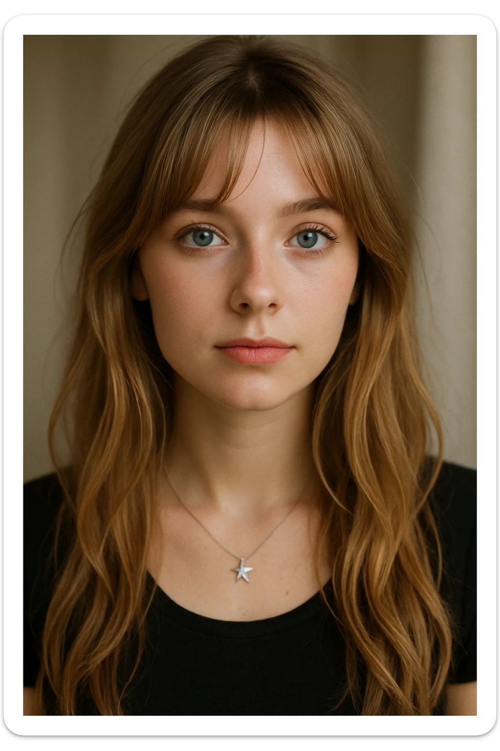 portrait of a girl, blue eyes, dirty blonde long hair with curtain bangs, small silver star necklace, soft lighting sticker