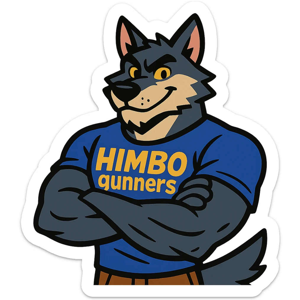 muscular wolf furry, arms crossed, wearing a t-shirt with 'Himbo gunners' sticker