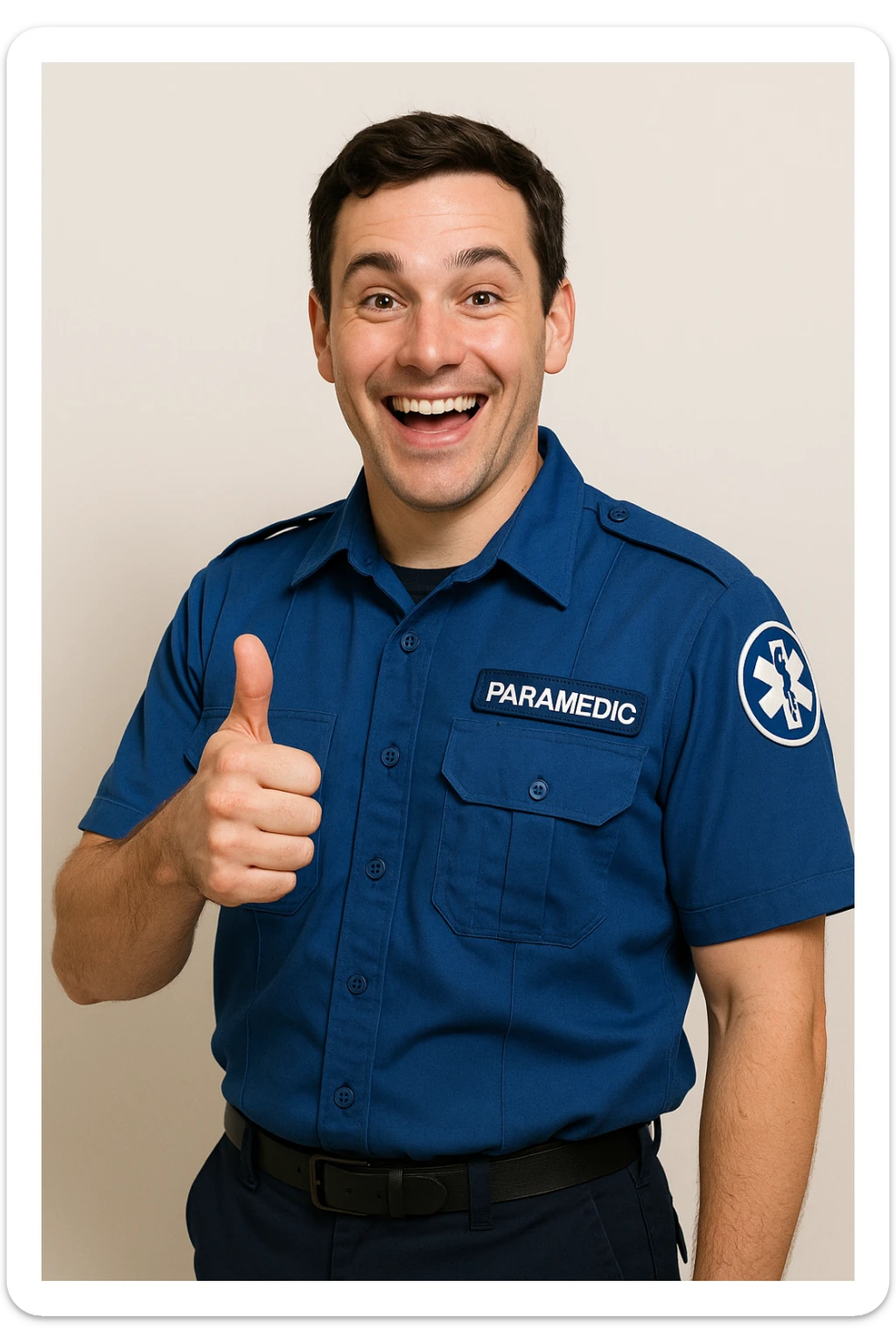 male paramedic in a blue uniform, giving a thumbs up, cheerful, simple background sticker