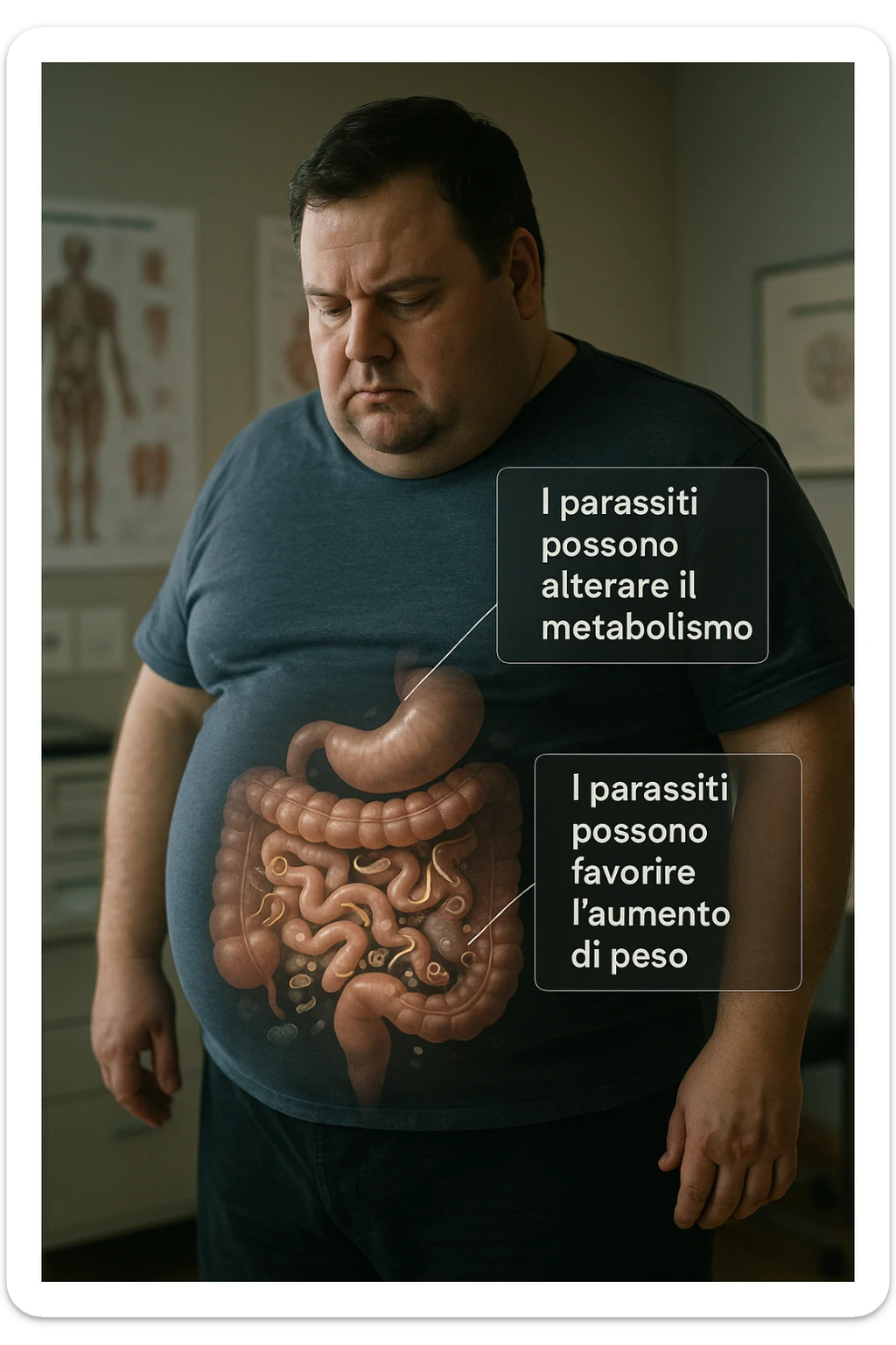 cinematic photo an overweight man is shown with a semi-transparent abdomen, highlighting the intestines filled with various types of parasites (such as worms or protozoa). Educational callouts explain how these parasites can disrupt metabolism and contribute to weight gain. The setting is a medical office, with charts and diagrams in the background. in italiano sticker