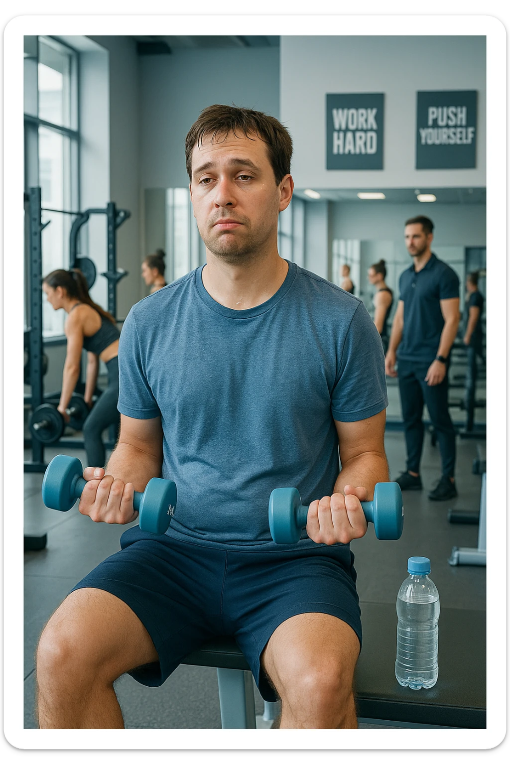 Modern gym scene with a man in sporty clothing lifting light dumbbells (2 kg) with a slightly disengaged expression. Sweaty, focused athletes in the background, trainer present. Untouched water bottle near the man, motivational posters on the wall. Clean mirrors, lightly used equipment. Cool colors, clean environment, vertical format. sticker