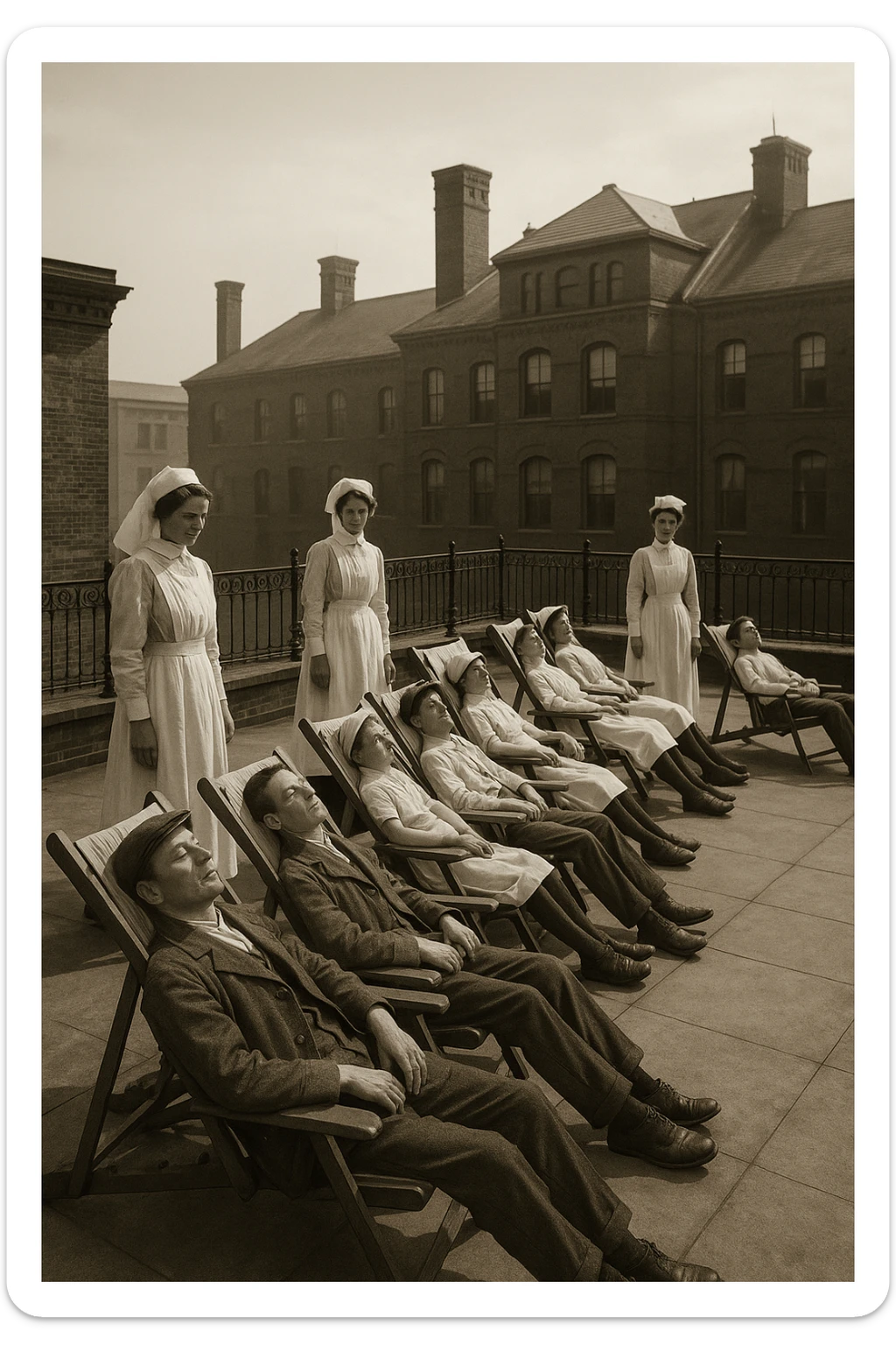 A realistic cinematic image of a hospital rooftop solarium from the 1900s, patients sunbathing under nurse supervision for heliotherapy against tuberculosis and rickets. sticker