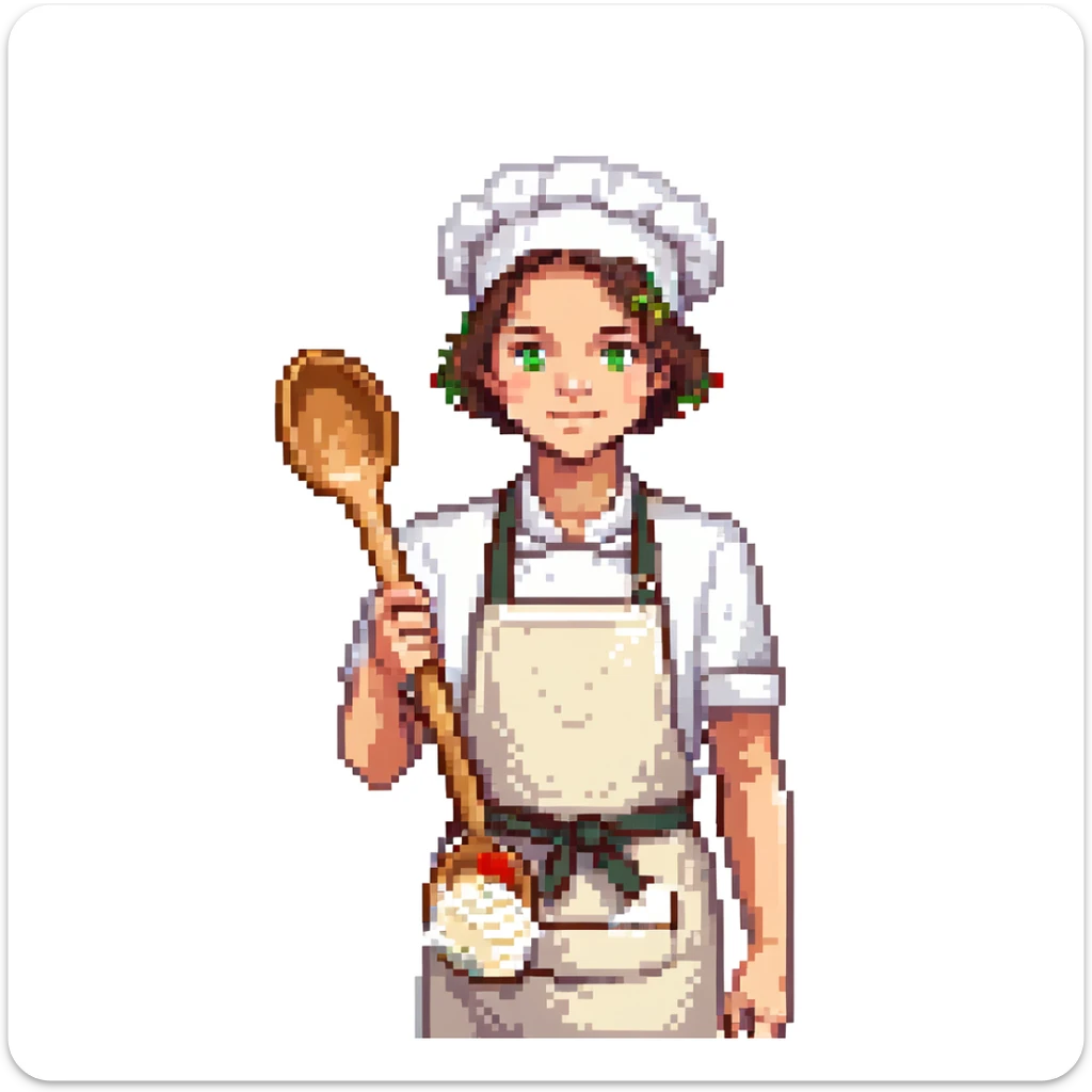 Portrait of a young baker with a simple cloth apron, flour on his hands and cheeks, holding a wooden spoon, skeuomorphism style sticker