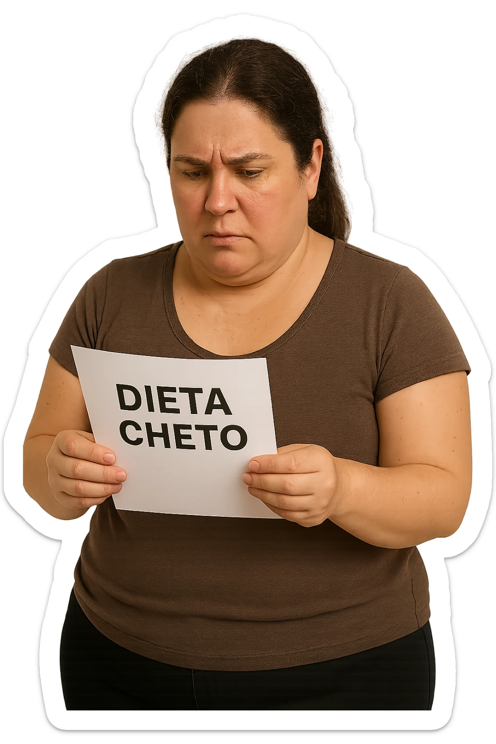 donna realistica leggermente in sovrappeso che legge un foglio con la scritta "dieta Cheto", sfondo bianco, iperrealistica 4k, IPERREALISTICA 4K sticker