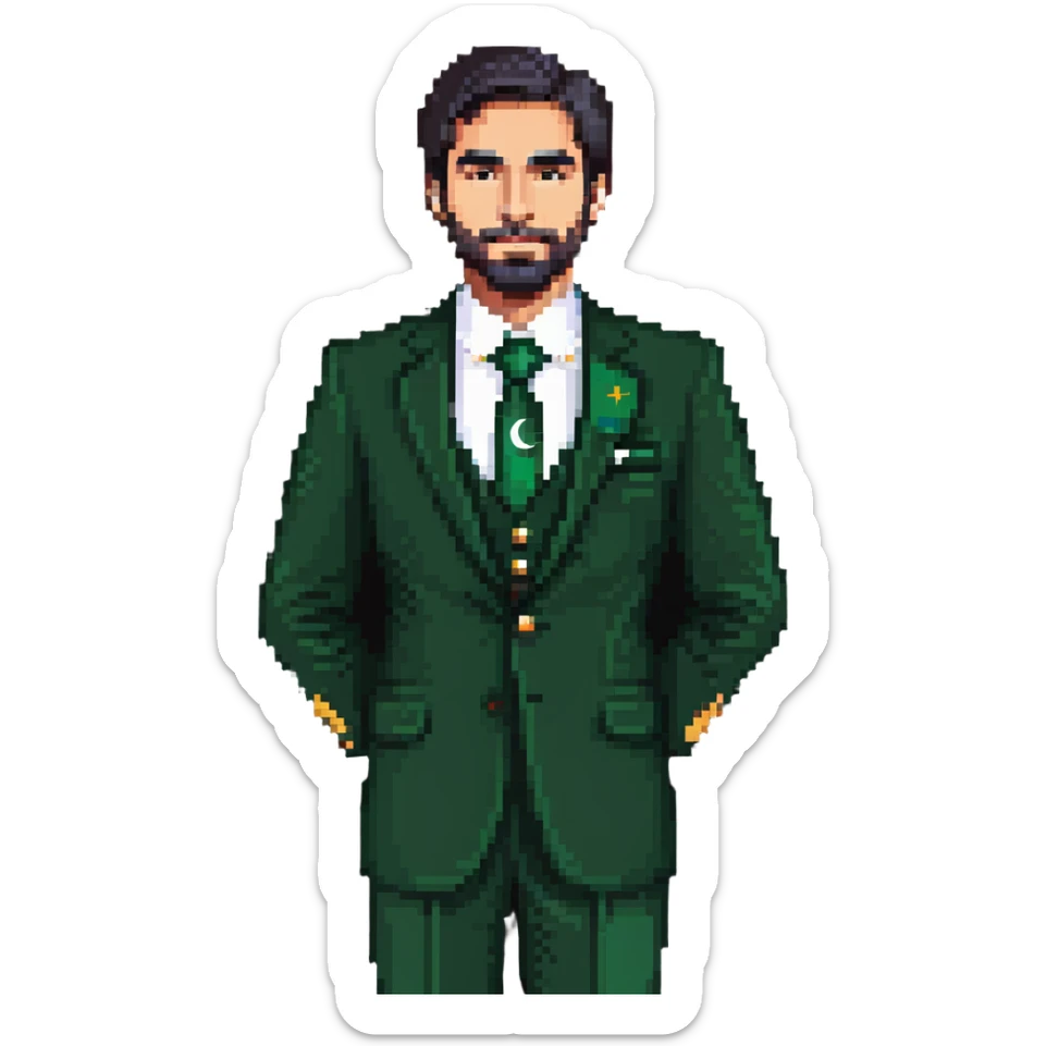 Pakistani diplomat in formal attire with Pakistan flag colors sticker