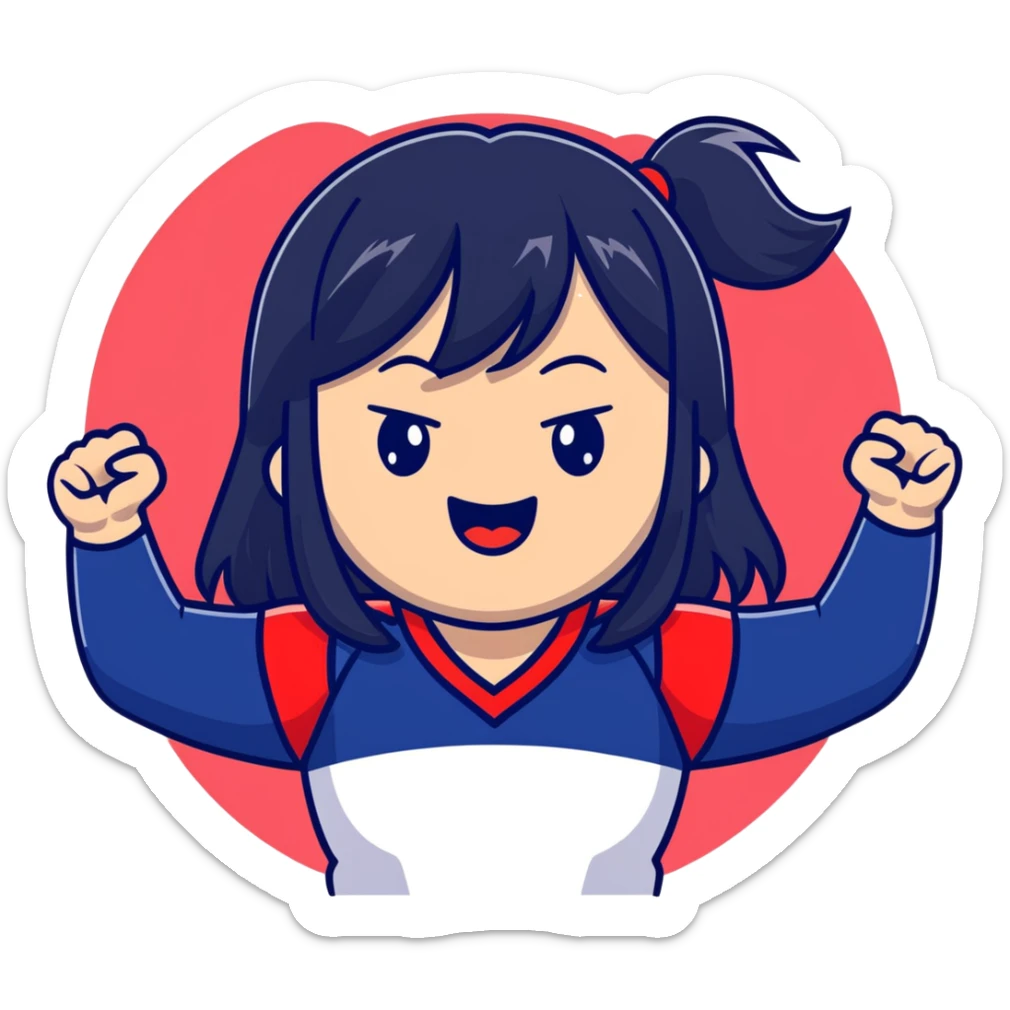 East Asian woman with long black straight hair and bangs wearing navy and white Doosan Bears team colors, cheering sticker
